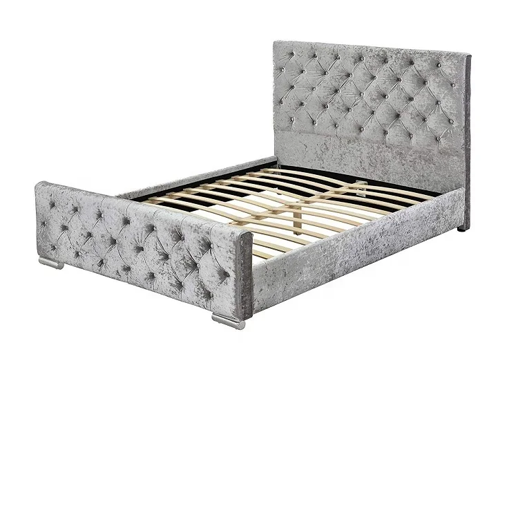 Diamond Upholstered Fabric Bed Frame Velvet Chenille Double Mink, Silver and Charcoal (Silver)