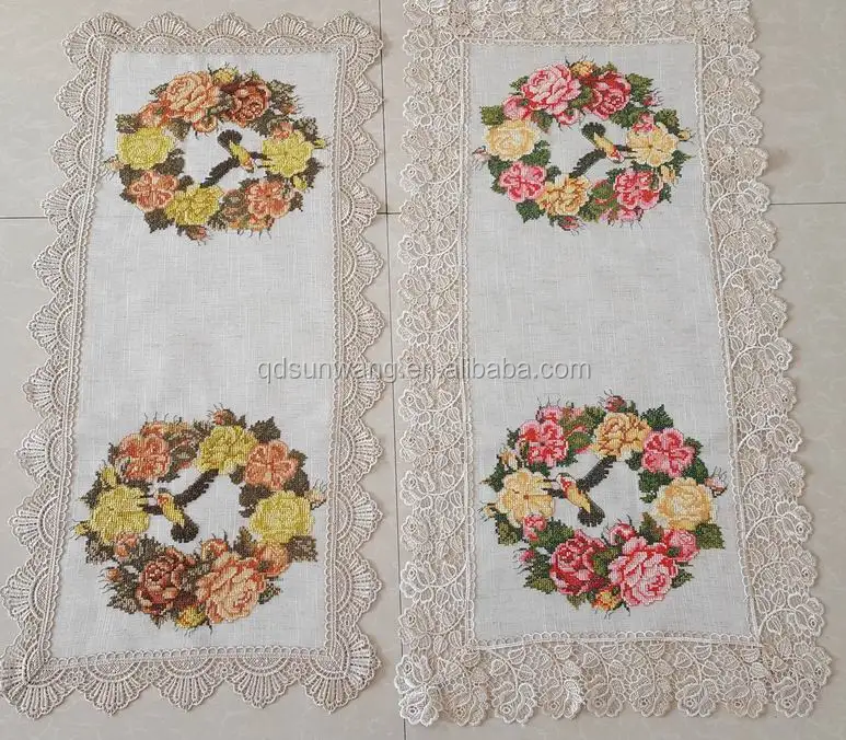 cross stitch embroidered tablerunner with polylinen fabric