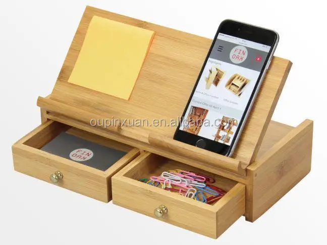 Adjustable Pad Stand 100% bamboo phone holder Desk OrganiserTidy Stationery storage Box with drawer