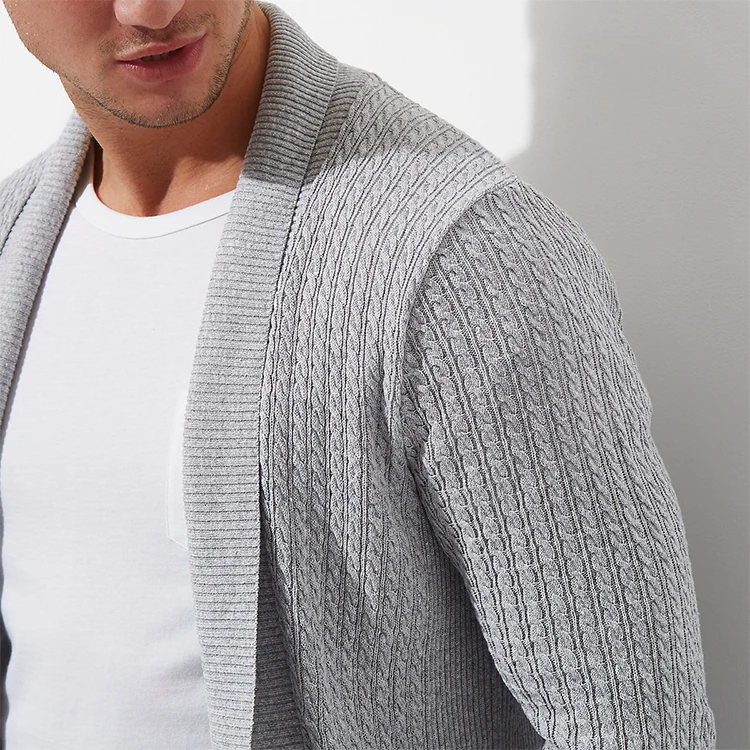 Fine Gray Color Cable Knit Open Front Cardigan Men