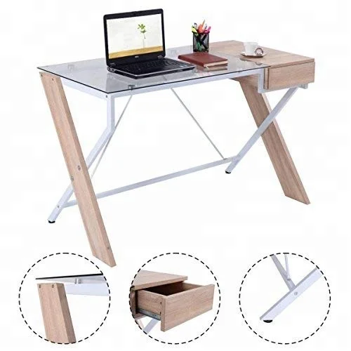 Laptop Computer Desk with drawer Wood /Glass Tabletop for Home Office Work Study Writing Desk Table Modern Computer Workstation