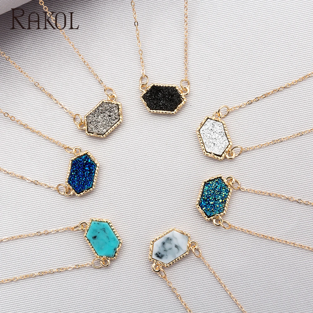 RAKOL NN036 Women Natural Stone Jewellery Pendant Necklace Druzy Crystal Gold/Silver Plated Bar Pendant Jewelry