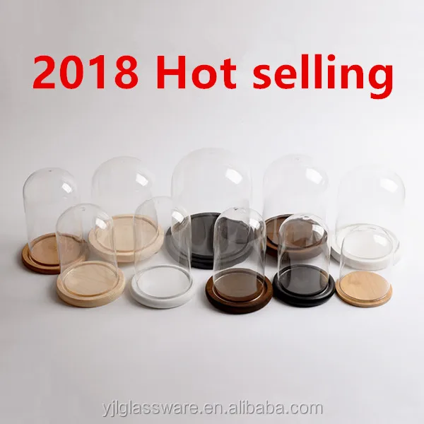hot selling wholesale price available different sizes glass dome cloche with wood base