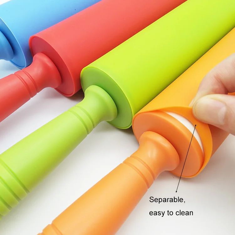 30 cm non-stick colorful  silicone pastry dough rolling pin with plastic handle for baking