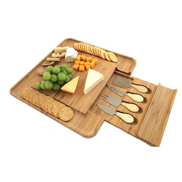 Бамбуковая сырная доска и набор ножей, дерево Charcuterie блюдо и подача мяса и сыра доска с выдвижным ящиком для столовых приборов