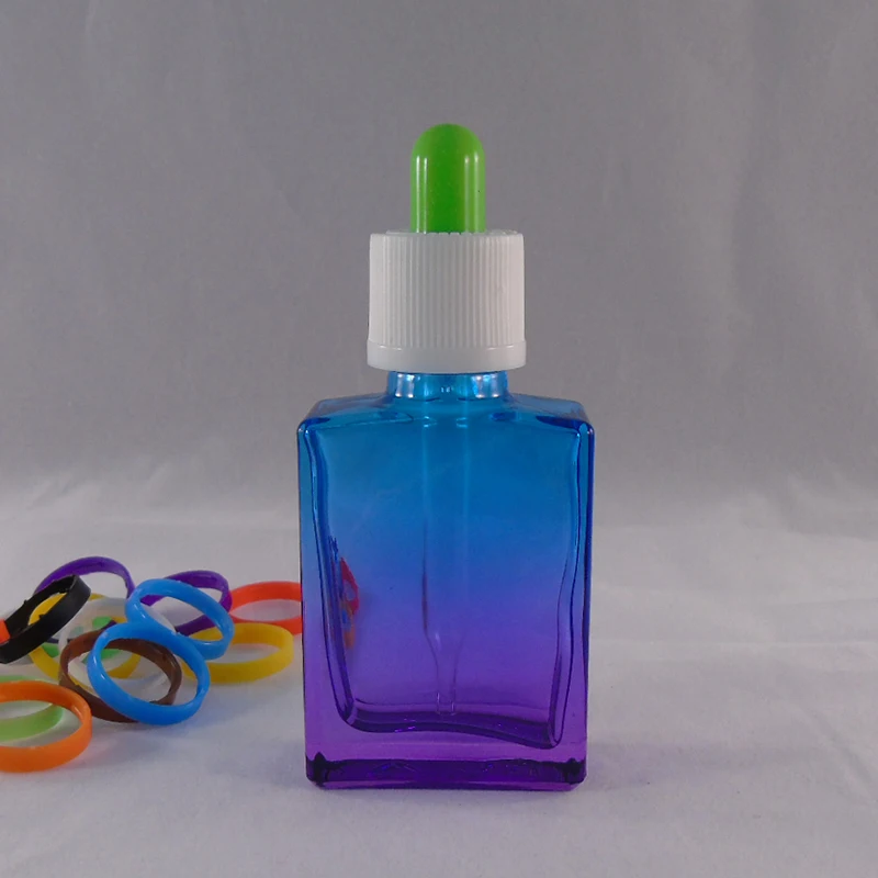 cosmetic oil 1 oz 30ml square rectangle shape blue & purple glass dropper beard oil bottle