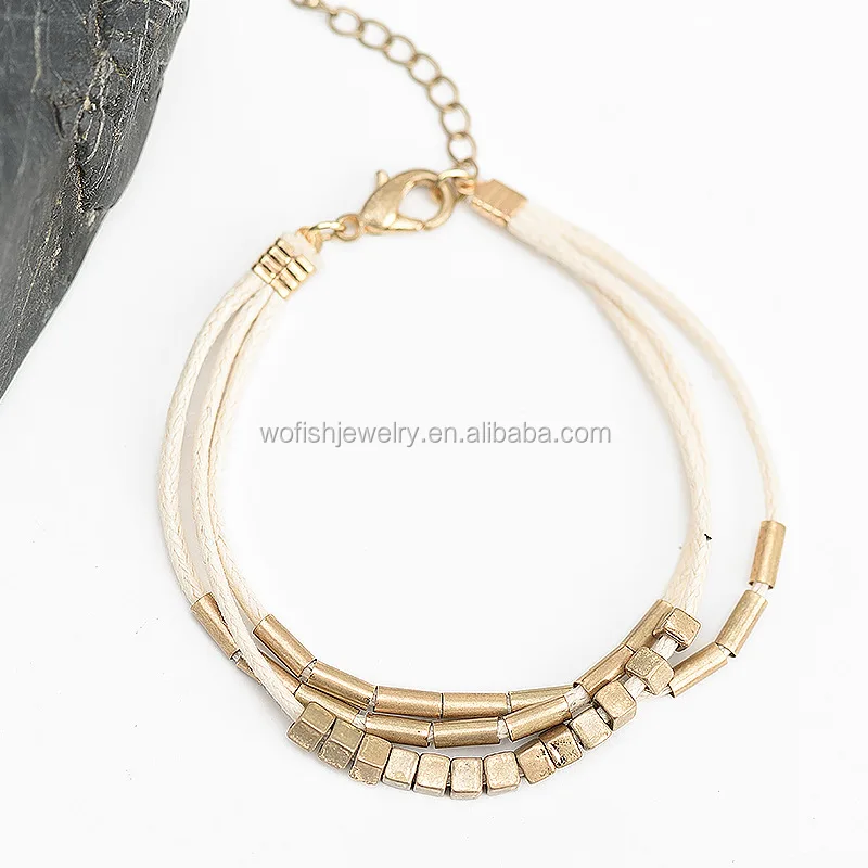 Antique gold White Strand Leather brass beaded tube Bracelet
