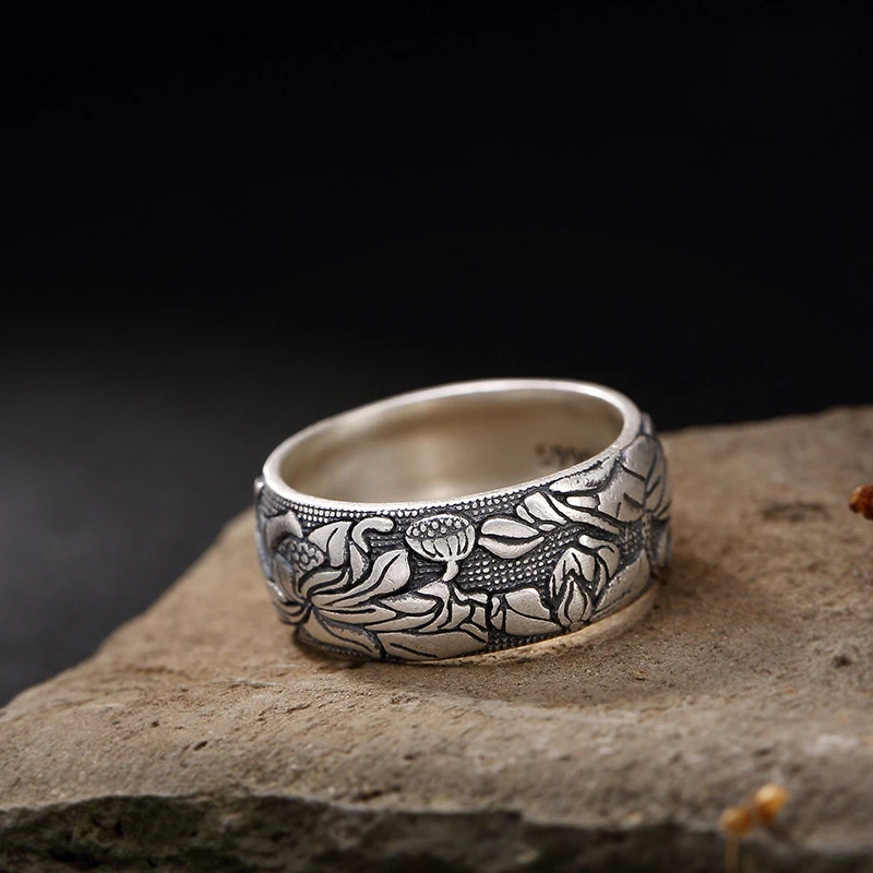 999 Sterling Silver Fine Jewelry Open Ring Buddhist Lotus Flower Men Thai Silver Fine Jewelry Gift Woman Men rings