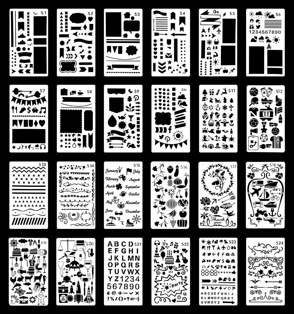 Новый стиль, индивидуальный пластиковый трафарет для творчества, 24 упаковки, 4x7 дюймов, шаблон для рисования, трафарет для рисования, пользовательские трафареты, журнализация