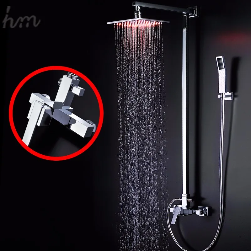 Square 8 Inches LED Light Shower Head Sets Handheld Shower With Arm Slide Bar for Bath Accessories Faucet Taps T