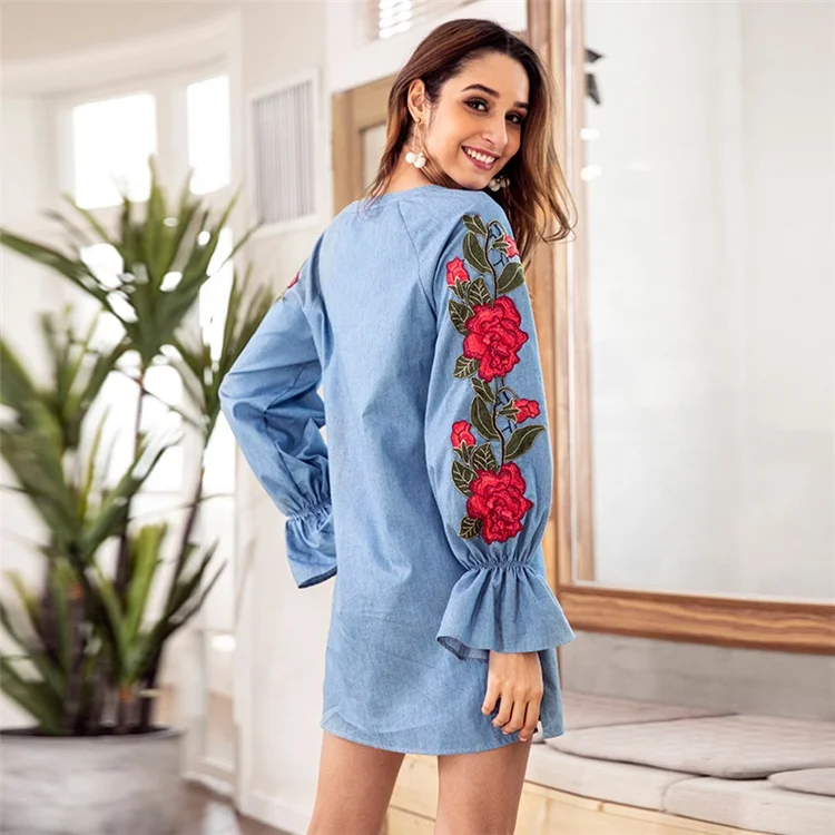 Women Balloon Sleeve Embroidered Denim Dress
