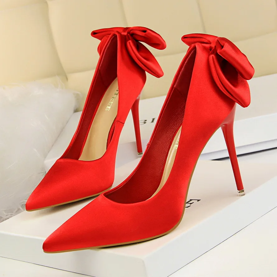 Korean fashion beautiful women dress stiletto slim thin satin back bow high heel shoes