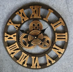 Amazon hot style european-style 3D retro old gear wall clock creative  iron silent wooden wall clock
