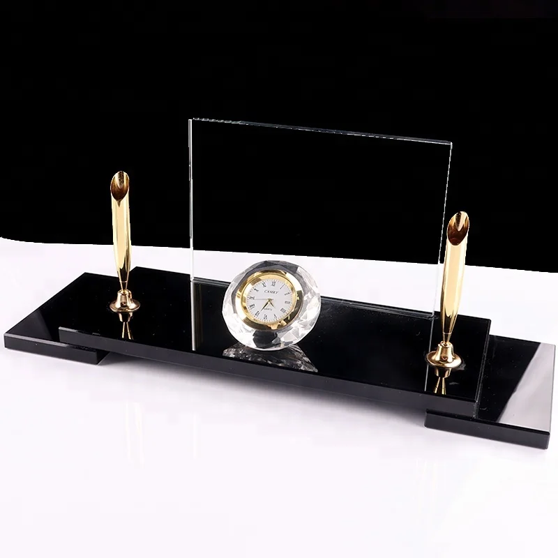 High quality Crystal pen stand / holder with clock for office desktop set crystal for office gifts