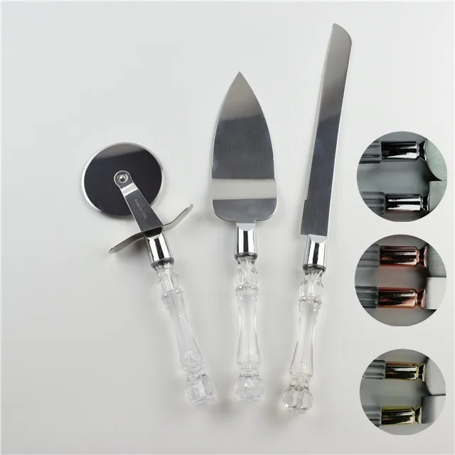 3 pack cake scoop tools set stainless steel pizza cutter cake knife and server set with transparent plastic crystal PS handle