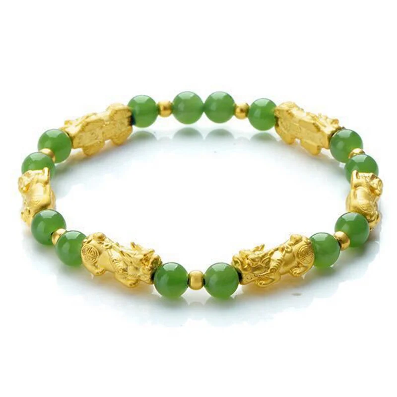 Chinese Styles Unisex Green Colorful Customized Beads Lucky 24k Gold Pixiu Bracelet