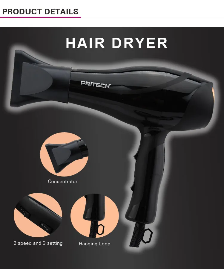 PRITECH Multi-functional Professional Electric Salon Ionic Hair Blow Dryer Plastic AC Motor 2 Speed & 3 Heating,with EMC Edition