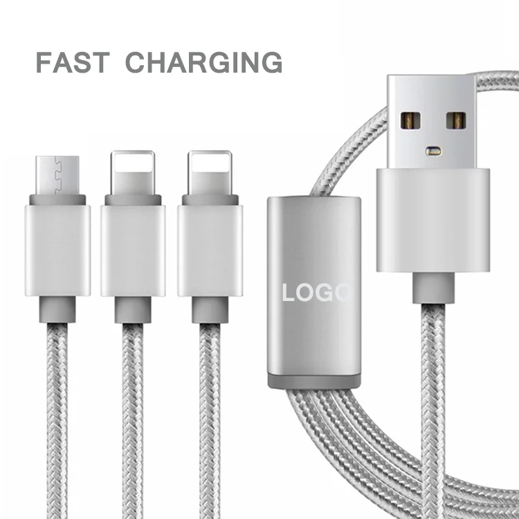 Best Seller Multi charging cable 3in1 Nylon Braided Multiple USB Fast Charger Cord (120cm) with ios 8pin / Micro USB / Type C