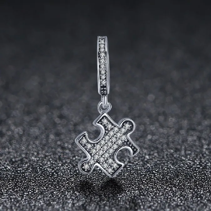
925 Sterling Silver Puzzle shape Dangle Charms Clear CZ Charms Fit Snake Chain Bracelet and Necklace 