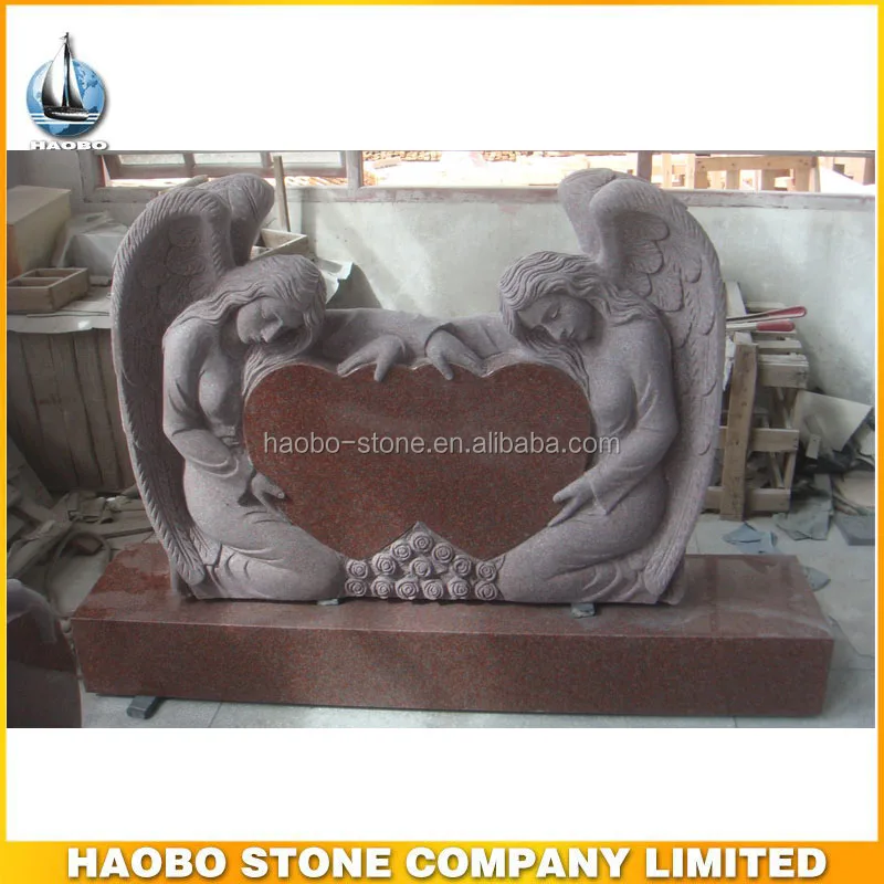 
Indian Red Granite Double Angel Hearts Grave Headstone 
