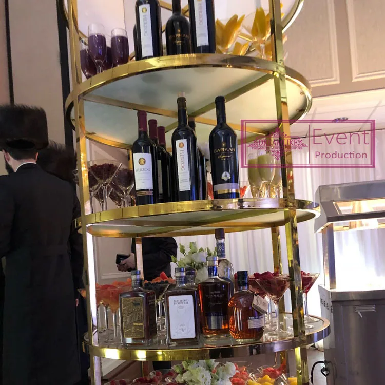 Stainless steel frame 5 layers round clear glass top bar back cabinet with LED Light Display Decorative wine shelf