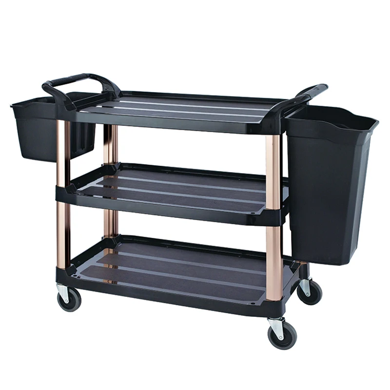 New style three-storey four-wheeled black plastic bowl collecting vehicle hotel serving cart with hand