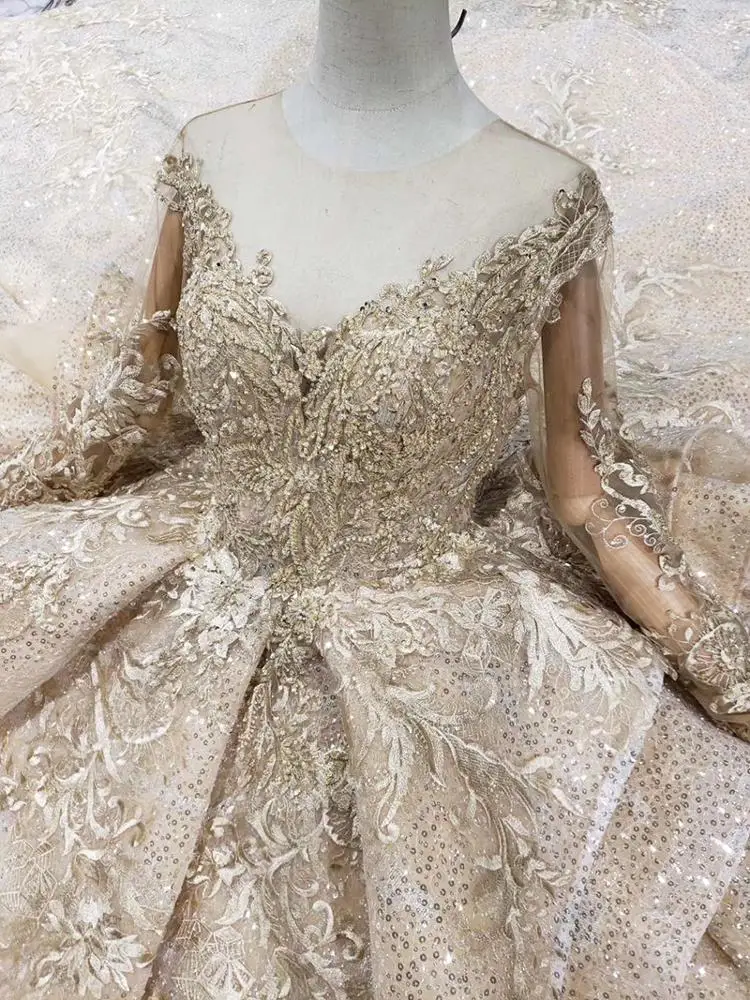 HTL151 gold illusion lace long sleeve gown sexy elegant bling bling evening dresses for women