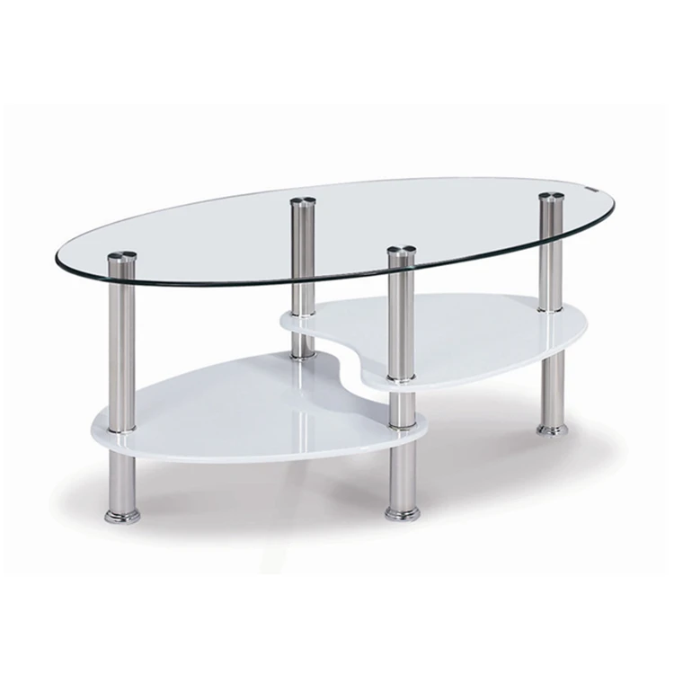 New design stylish high gloss stainless steel legs oval tempered glass coffee table