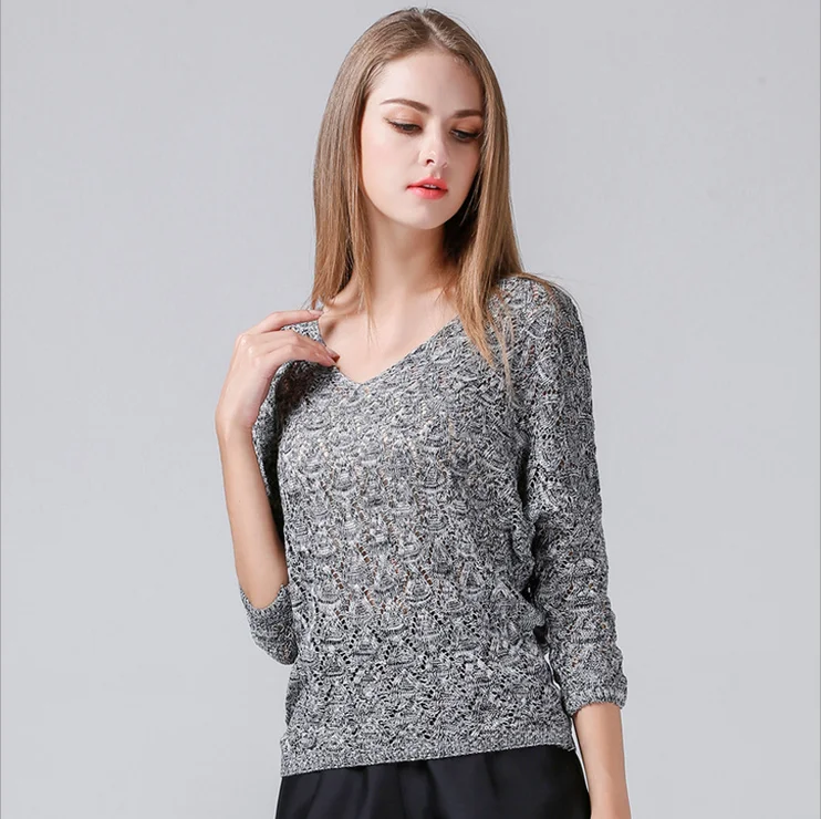 Новинка осени 2017, женский свитер большого размера, Женский пуловер с рукавом летучая мышь и V-образным вырезом