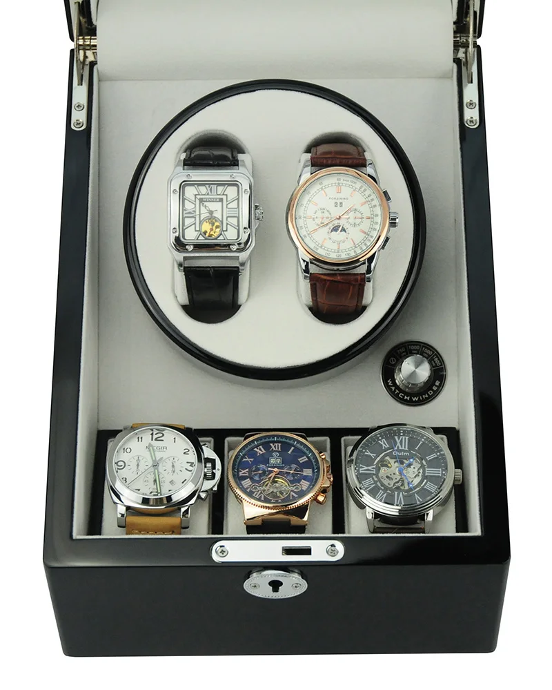 Роскошная деревянная намотка для часов, черная Современная автоматическая коробка для часов с глянцевым покрытием и батарейным отсеком