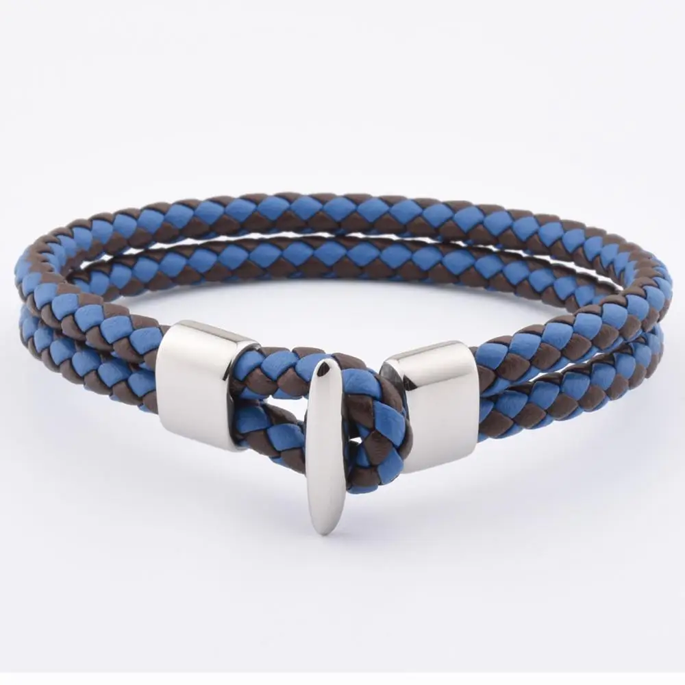 Factory Hot Sale Large Mens Navy Leather Steel Hook Clasp Latest Bracelet For Teenager Men