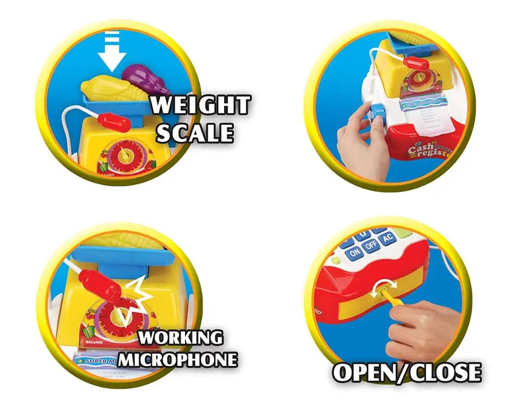 Supermarket Cash Register Play Set with Checkout Scanner, Weight Scale, Microphone, Calculator, Play Money, and Food