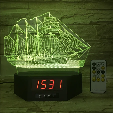 
Night Light 3D Acrylic 7 Color Change Remote Control Clock Calendar USB Sailboat Button Desk Lamp 