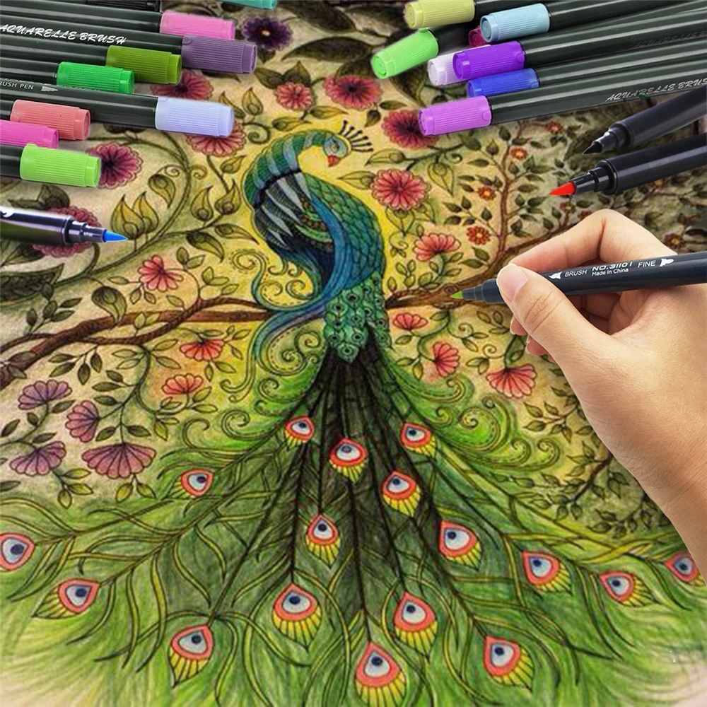 15 Pack Fine Point Brush Marker Pens [Bullet Journal] Dual Tip Art Work Colored Brush Pen