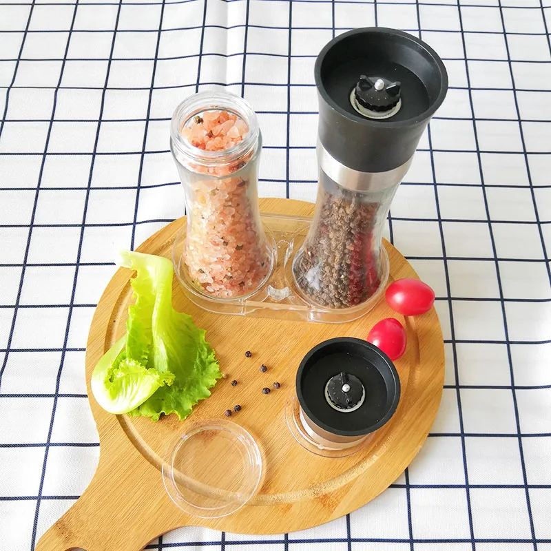 Pepper Mill with Adjustable Coarseness, Ceramic Pepper Grinder Refillable, Glass Spice & Sea Salt Shaker with Stand