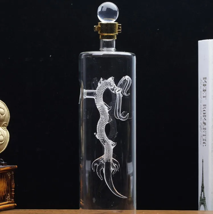 AIHPO06 Manufacture China Unique Decorated Dragon Shaped 750ML Handicraft Blown Glass Liquor Wine Bottles