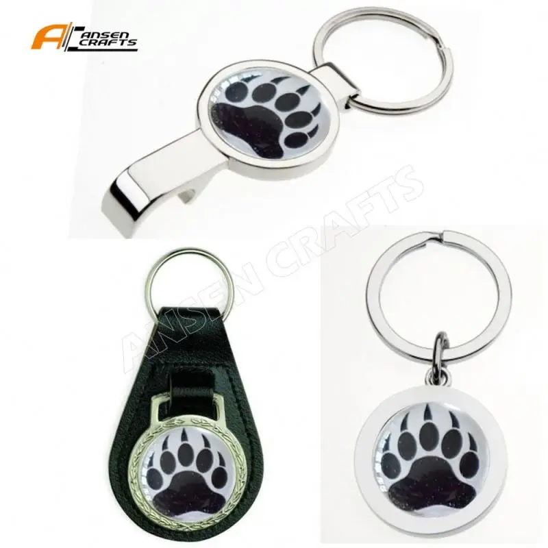 Paw Print Dog Cat White on Black Bottle Cap Opener Keychain Key Ring