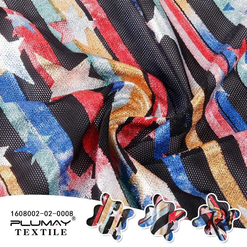 Shaoxing keqiao new style star foil rainbow stripe knitted mesh fabric for dress clothing textile custom elastic fashion ripstop