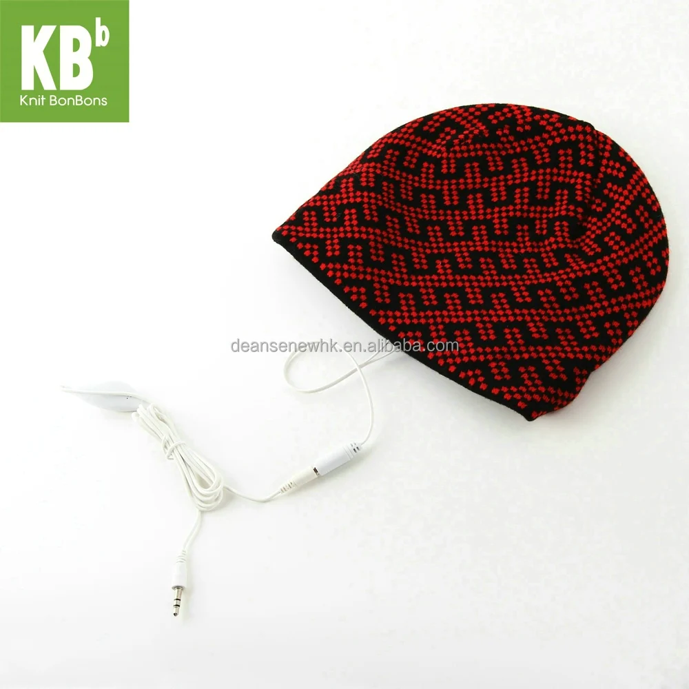 New Customize Handmade 100% Acrylic Geometric Thick Fall Winter Warm Unisex Teen Red Knit wired headphone Music Beanie Hat