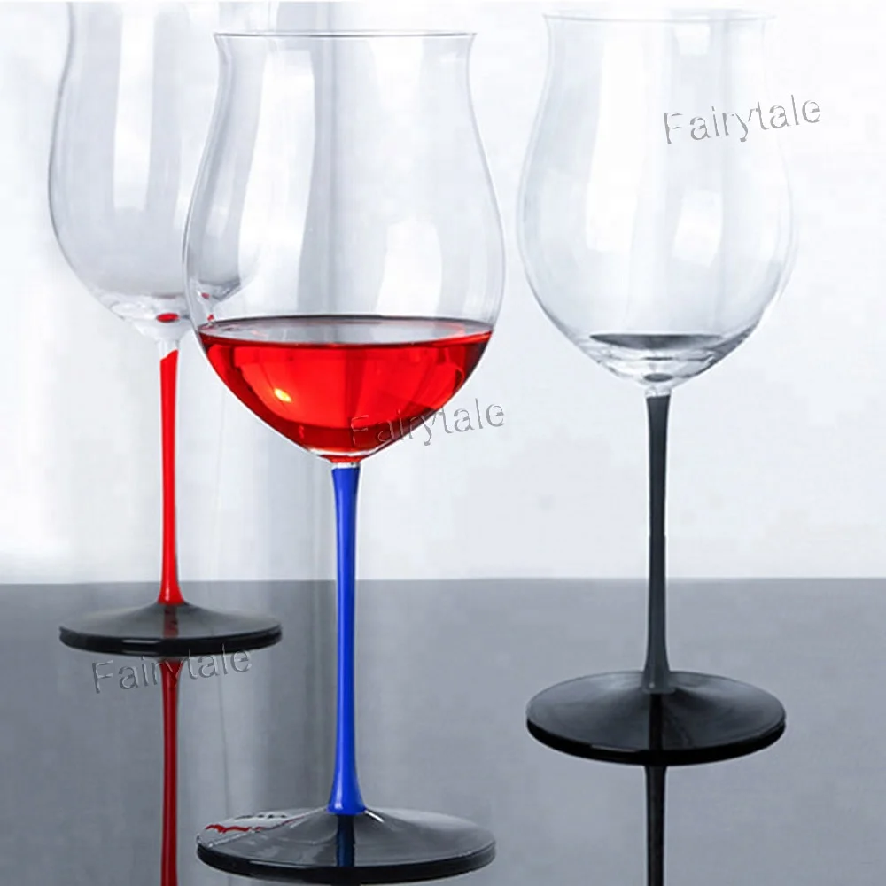 Fancy Hand Blown Black Stem Red Wine Glass Cups Tulip Shaped Wine Glass