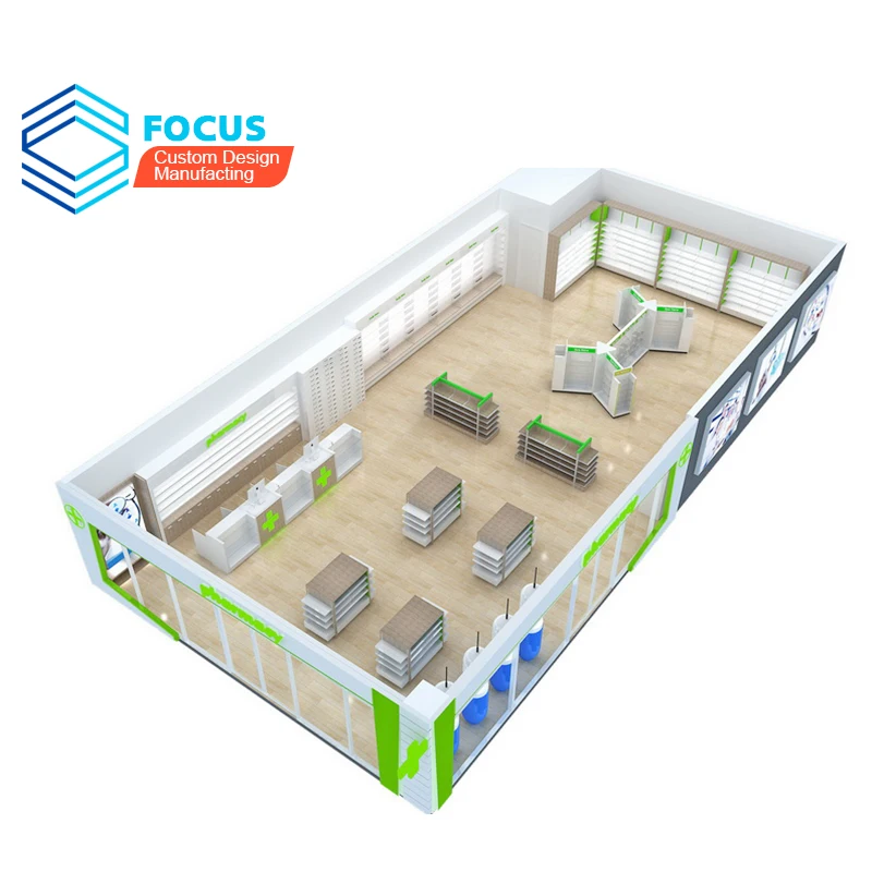 3D Design Render Retail Pharmacy Shop Interior Design Pharmacy Wood Showcase Designs For Medical Store