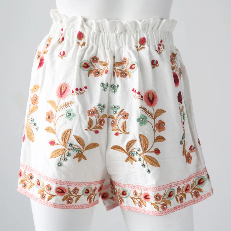 
White Floral Embroidery Women Shorts Patchwork Fitness Soft Summer Tatting Shorts Elastic Waist Skinny Slim Beading Shorts Hot 