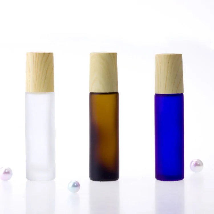 10 ml roll on bottle perfume Frosted Glass roller ball bottles roll on with wood caps blue amber black clear