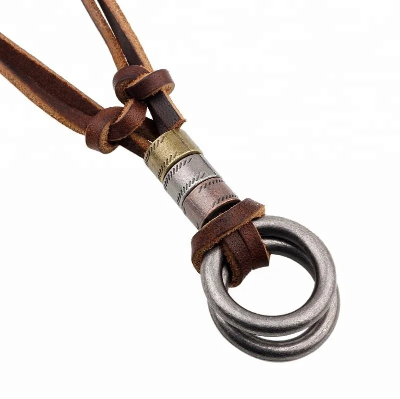 Vintage 2 rings pendant leather cord necklace wholesale Real leather rope necklace with alloy pendant