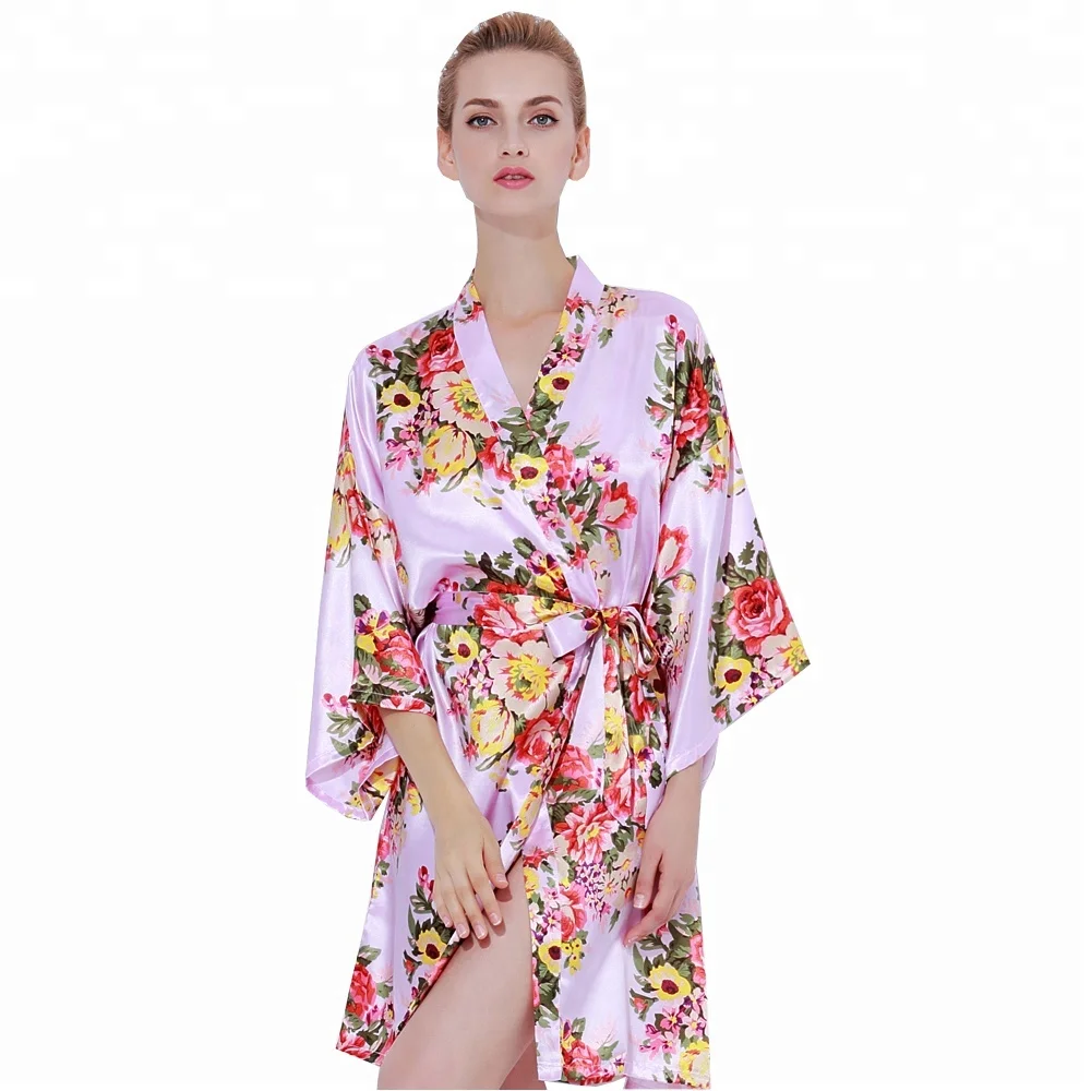 803 Mature Women Night Wear Robe Floral Silk Kid Sleepwear