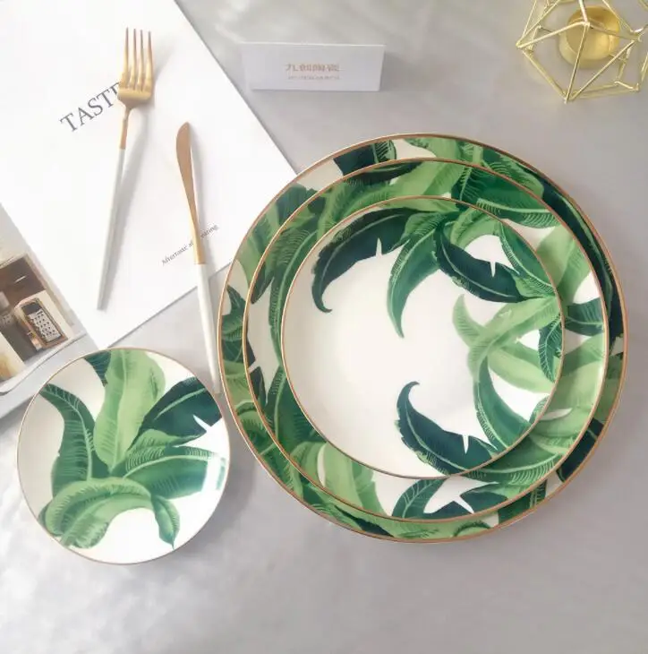 high temperature wholesale white gold rim green banana tree ceramic palm leaf plates