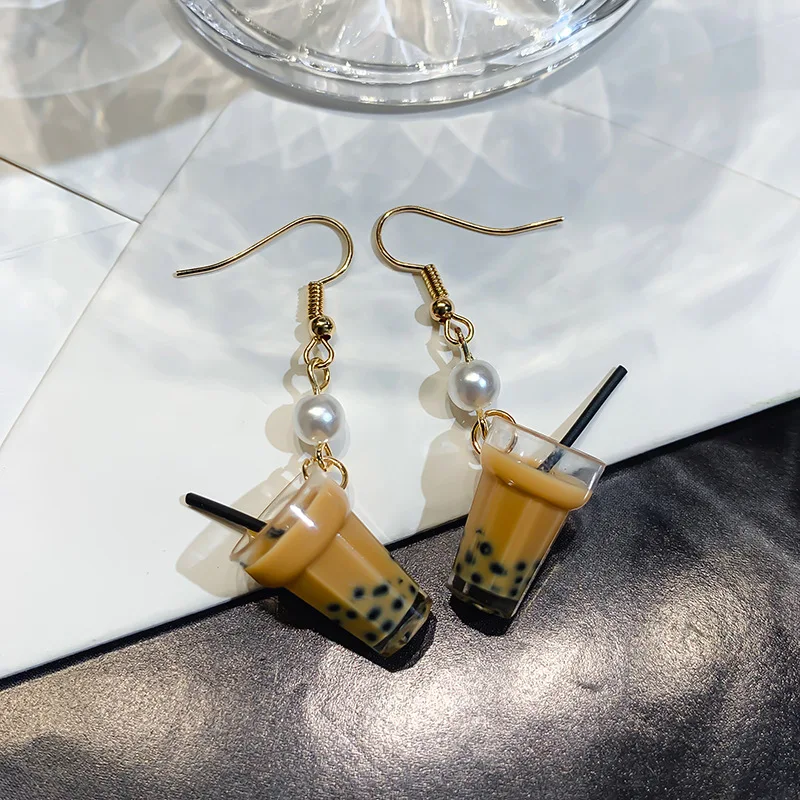 Забавные милые серьги с молочным чаем и зеленым чаем Boba для Дня Святого Валентина
