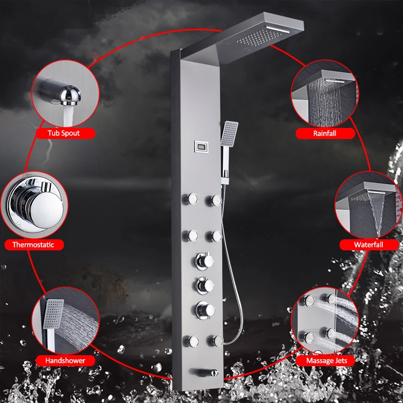 Thermostatic Waterfall Rain Shower Column Panel Jets Sprayer Hand Tub Mixer Tap