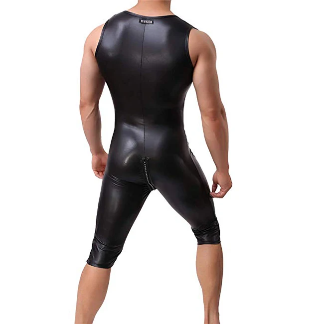 Mens Sexy PVC Leather short sleeves Catsuit Bodysuits Jumpsuit Black male Romper Adult Men