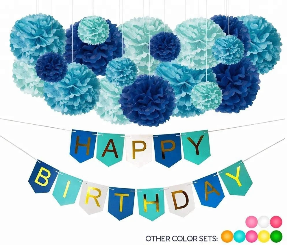 DIY Birthday Party Decorations Set - Tissue Pom Pom Flowers Balls and Paper Banner - Turquoise Blue - Shark Princess Paris Theme